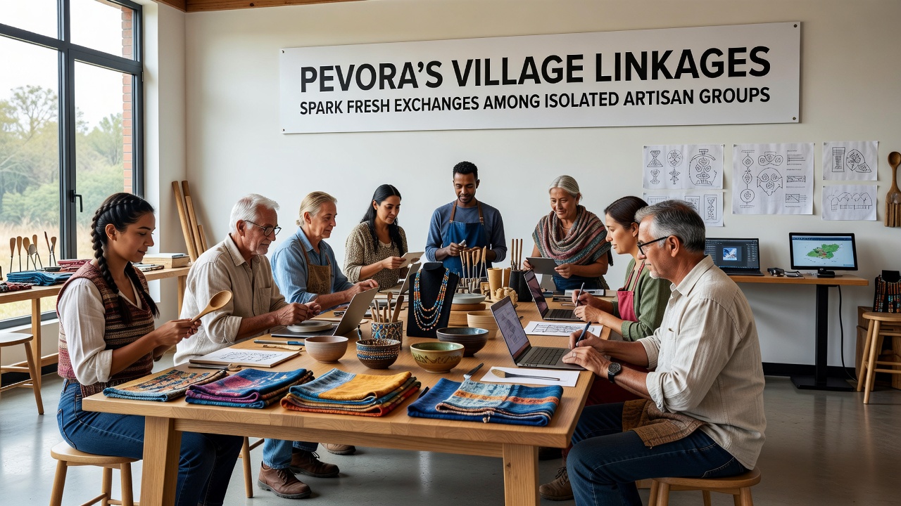 Shared workshop space where artisans demonstrate traditional methods across craft disciplines in a Pevora village hall